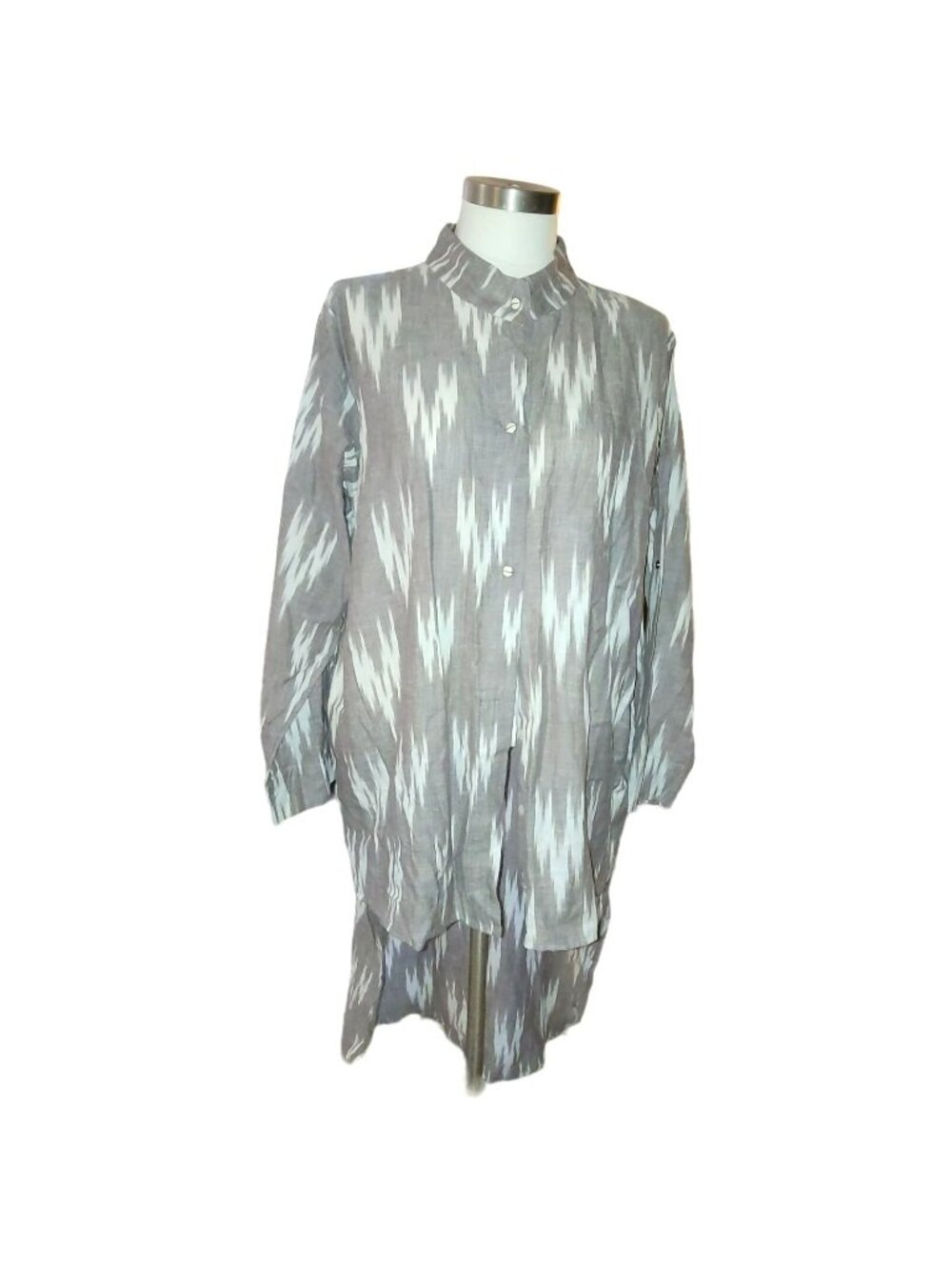 Tunic Shirt Gray & White Ikat Pattern Button-Down High Low Size Large  jj3649